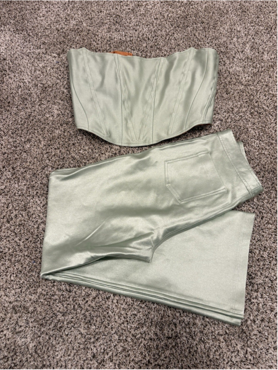 Rezek Pants - Rezek Studio Corset & Wide Leg Pants Set Green Satin Womens Size S